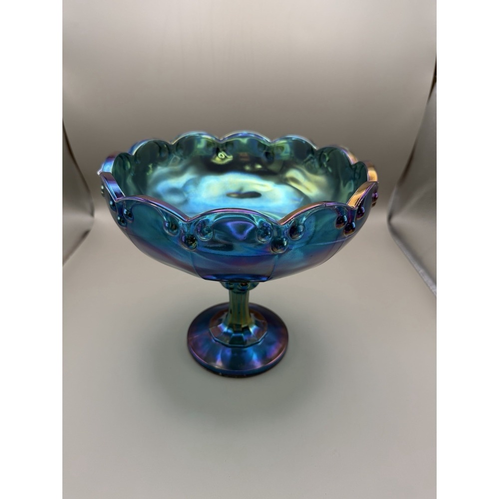 Vintage Indiana Glass Blue Carnival Glass Garland Teardrop Pedestal Compote Bowl